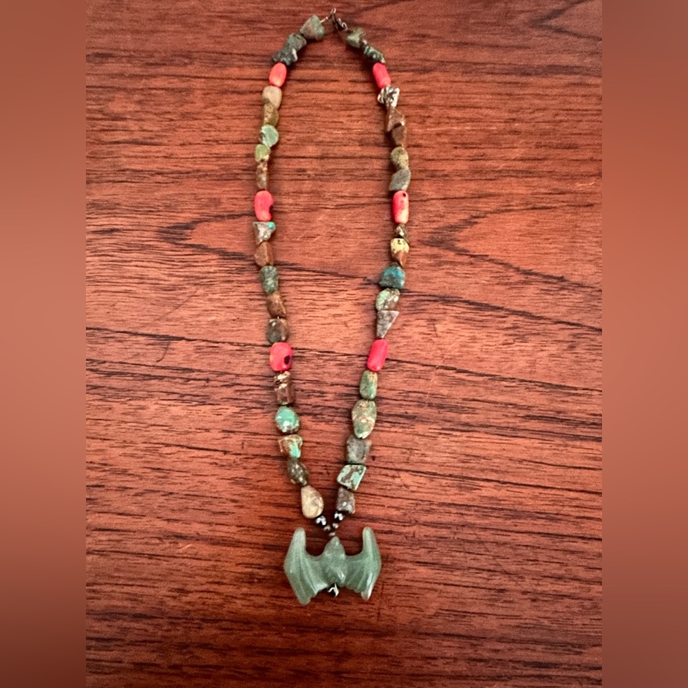 Handcrafted Green and Red Stone Bat Necklace